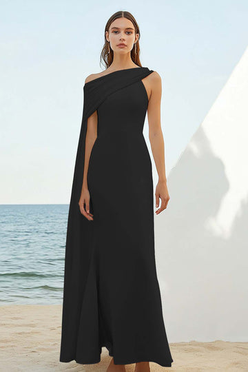 Black Satin Sheath One Shoulder Long Boho Formal Dress with Cape